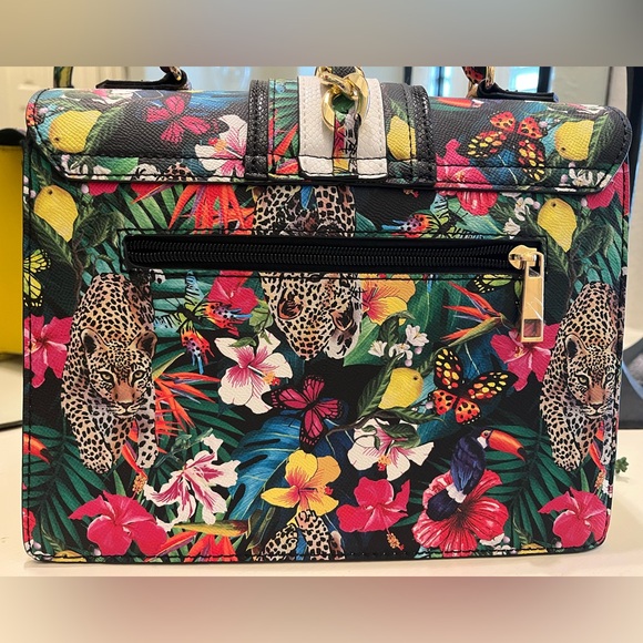 Aldo Baro Tropical Print Top Handle Satchel Bag, Yellow/Multi w/ Crossbody Strap - Picture 9 of 10